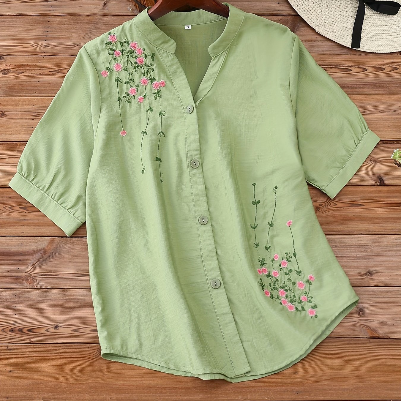 Floral Embroidered Women's V-Neck Blouse Short Sleeve Rayon Polyamide Spring Summer
