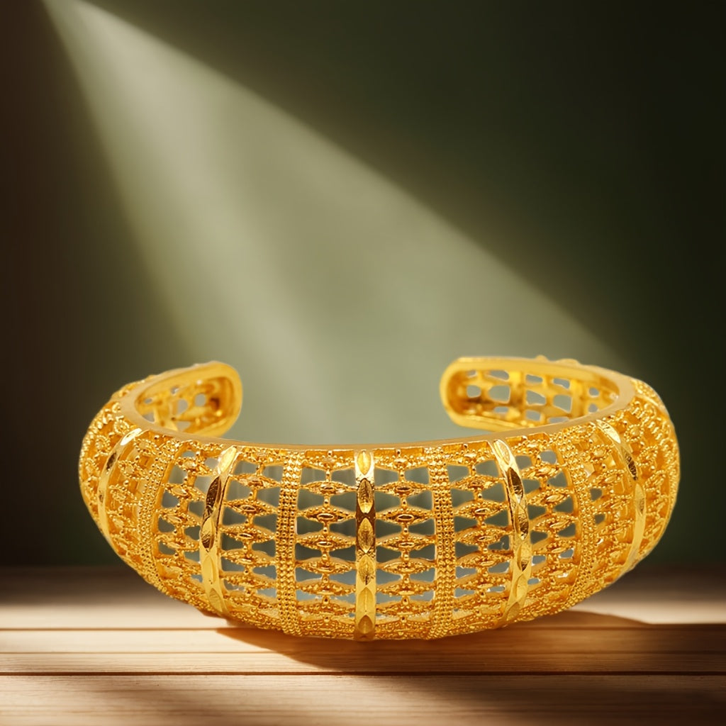 Boho Style Zinc Alloy Open Cuff Bracelet with Middle Eastern 3D Carved Hollow Design for Women