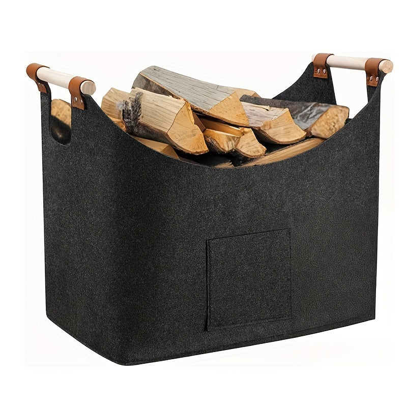 Large Dark Grey Felt Log Basket with Handles for Firewood Storage and Fire Pit