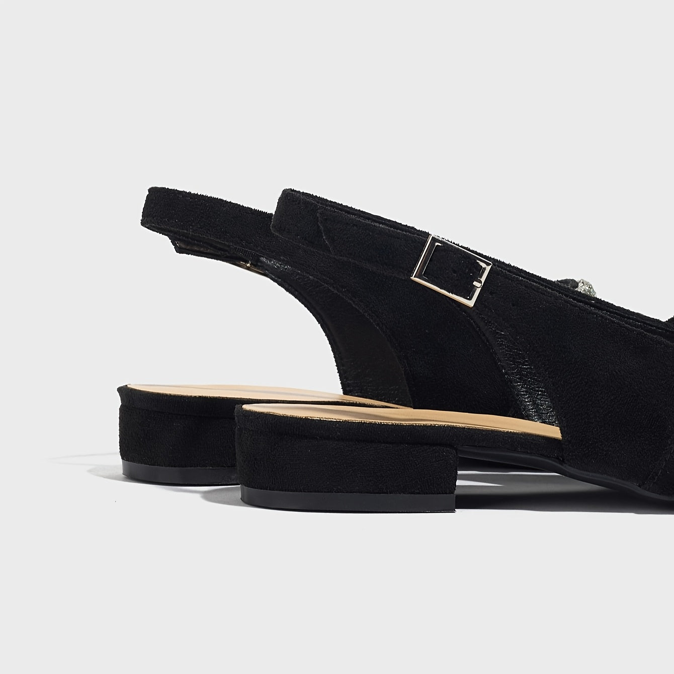 Women's Black Mary Jane Flats with Rhinestone Buckle Pointed Toe