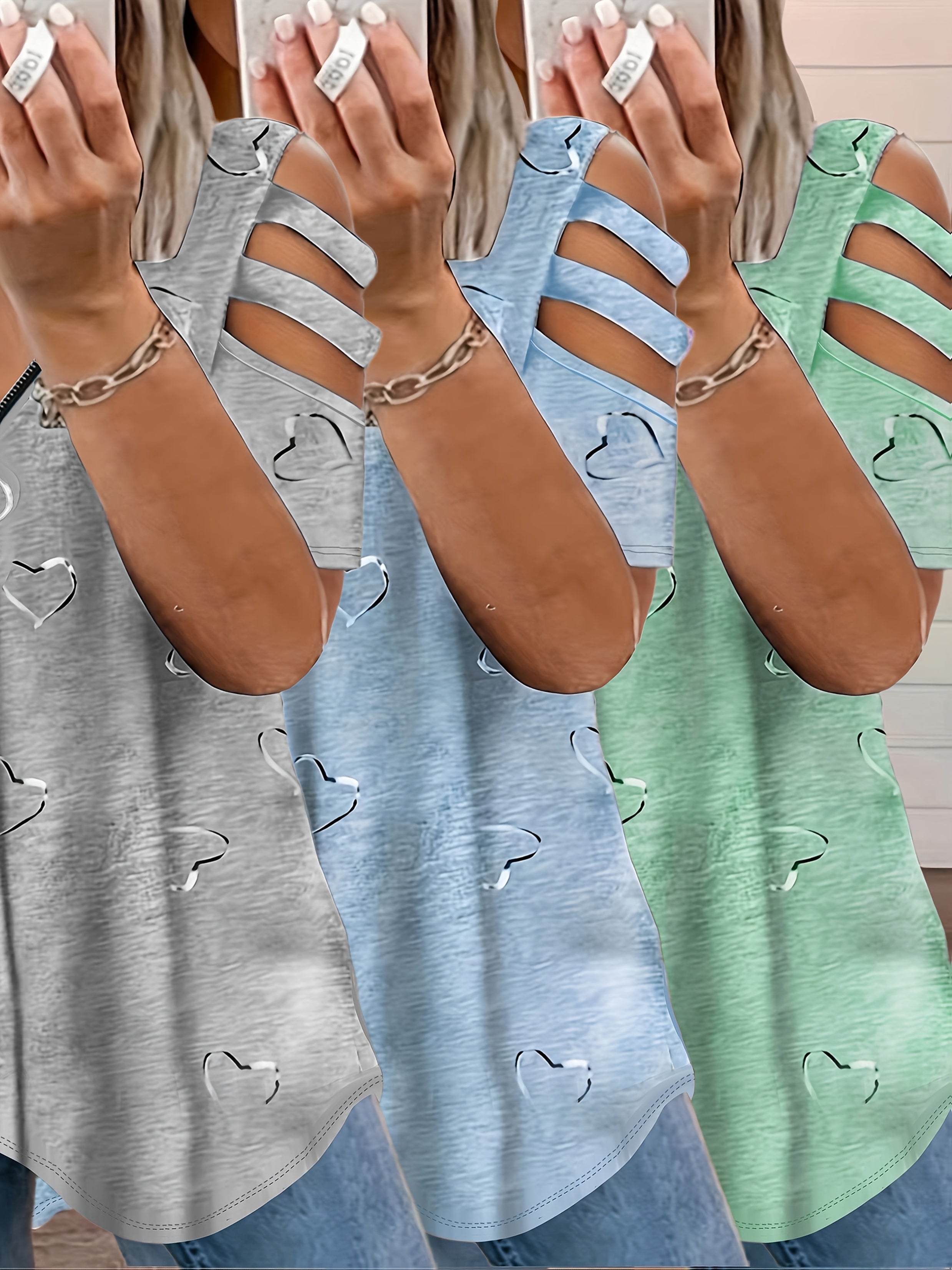 Camisetas casuales de mujer con cuello en V y detalle de cremallera, estampado de corazón, ligeras