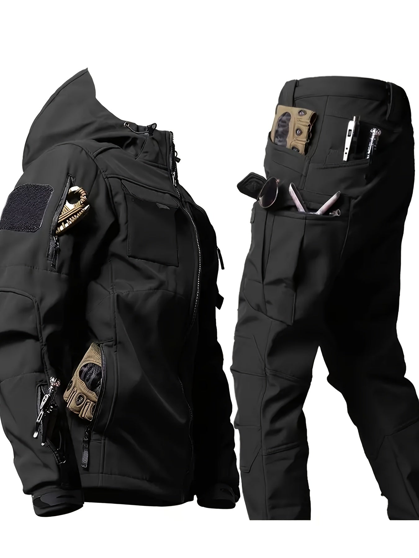 Men's Outdoor Softshell Jacket and Utility Pants Set for Fall Winter Breathable Windproof Fleece Hood