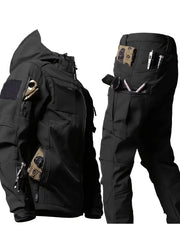 Men's Outdoor Softshell Jacket and Utility Pants Set for Fall Winter Breathable Windproof Fleece Hood
