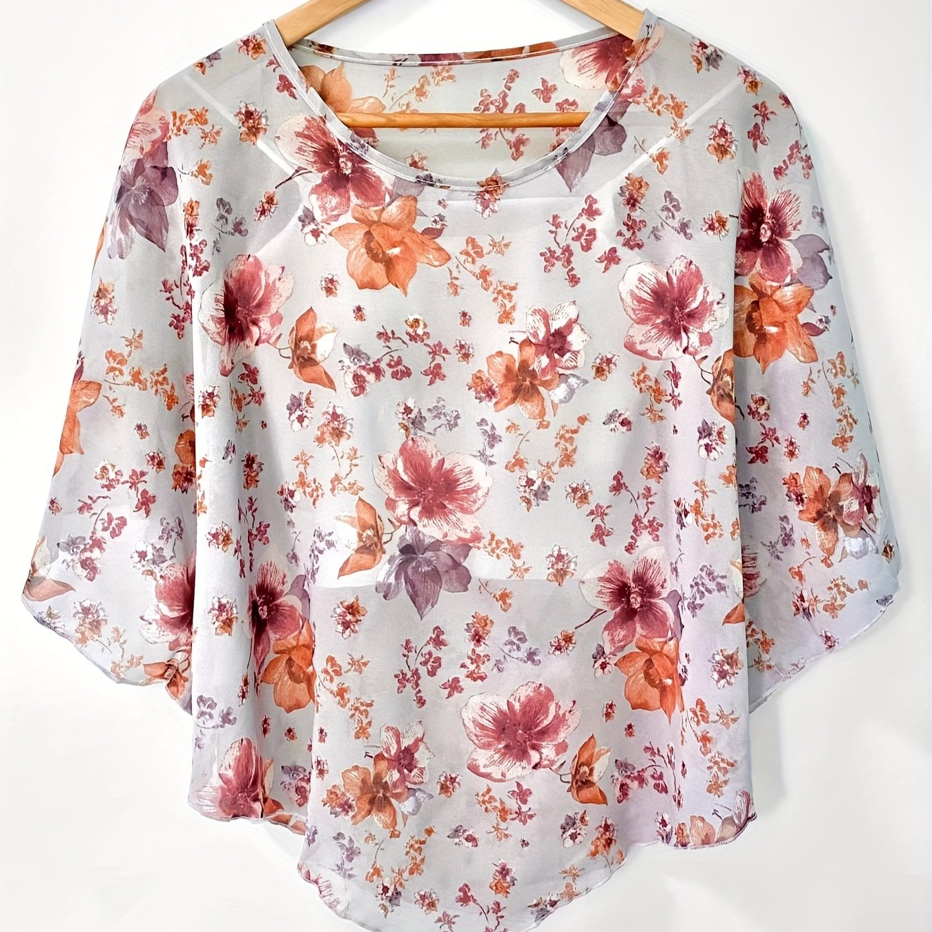 Floral Print Asymmetrical Blouse for Women Sheer Sleeves Sun Protection Beachwear