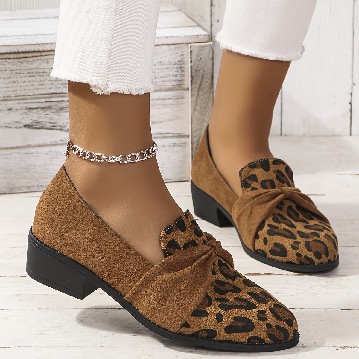 Women's Leopard Print Oxfords Flat Shoes with Rubber Sole & Spike Embellishments