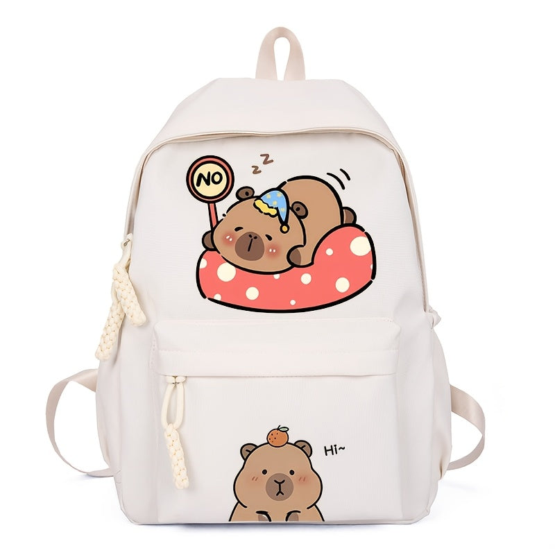 Cute Capybara Pattern Backpack Large Capacity Nylon School Bag with Adjustable Straps