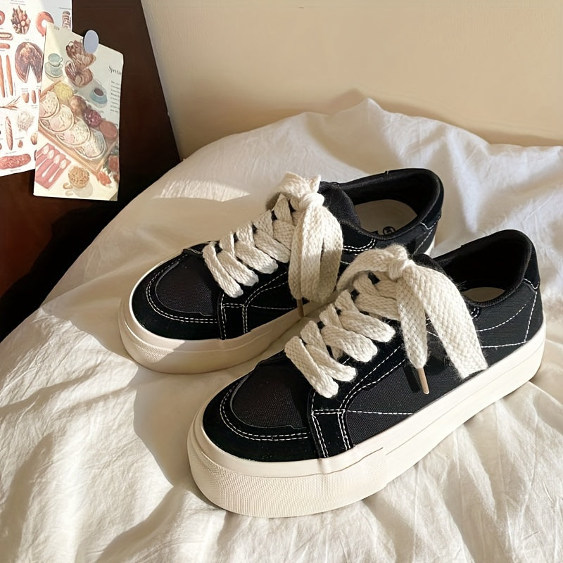Women's Canvas Sneakers with Thick Retro Soles and Solid Color Design
