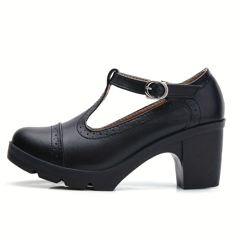 Women's T-Strap Chunky Heels Retro Buckle Oxford Pumps for Office