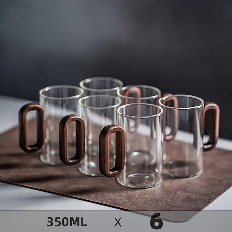 2/6 High Borosilicate Glass Water Cups with Smoke Green Wooden Handles and Black Walnut Tea Set