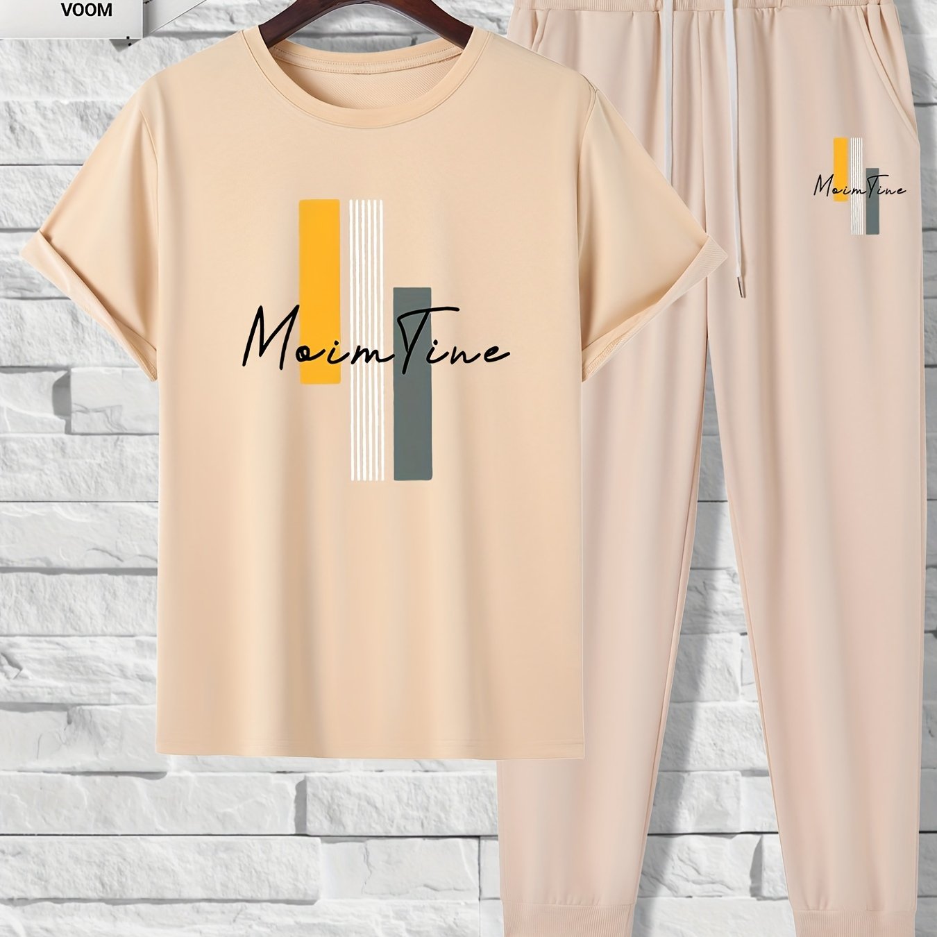 Men's Polyester Color Block Print 2-Piece Outfit Short Sleeve T-Shirt and Drawstring Trousers