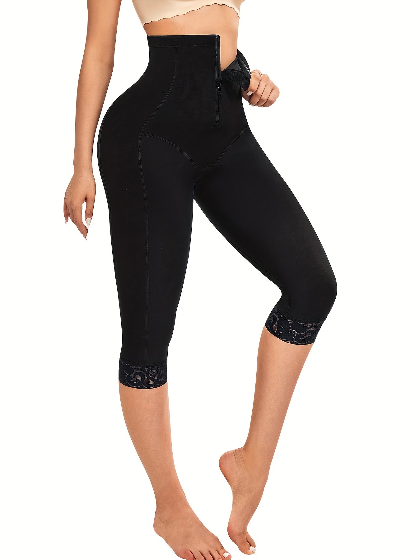 Women's High-Waisted Shapewear Capris with Ruffle Neckline Tummy Control Butt Lift