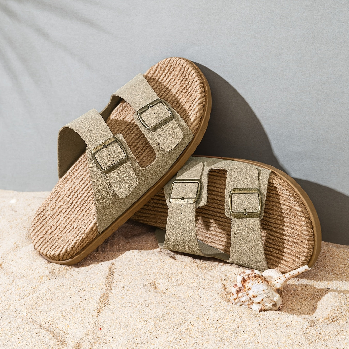 Pantuflas vintage para hombre con punta abierta y correas de doble hebilla antideslizantes suela de EVA