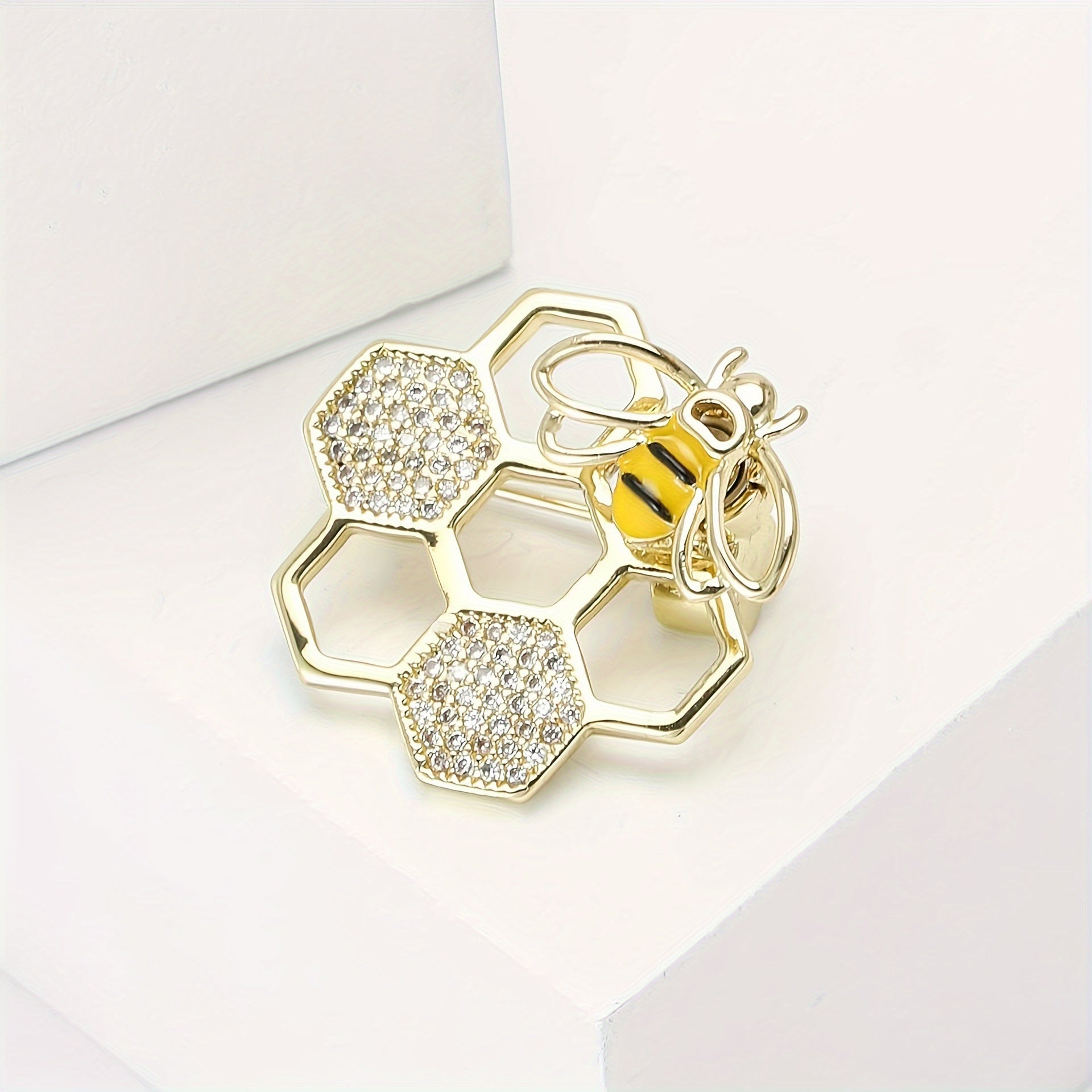 Minimalist Alloy Honeycomb Bee Brooch with Cubic Zirconia Geometric Design for Women