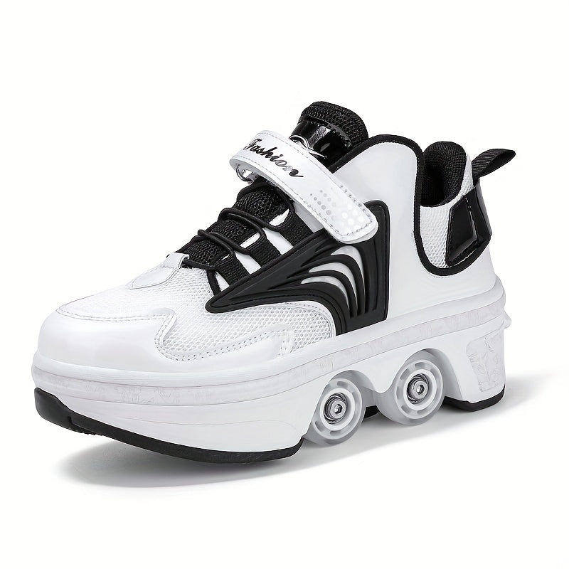 Boy's All-Season PU Skate Shoes with Detachable Wheels and Non-Slip Fastener