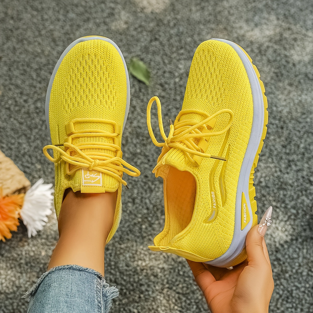 Women’s Light Blue Knit Sneakers with White Sole, Breathable Casual Shoes