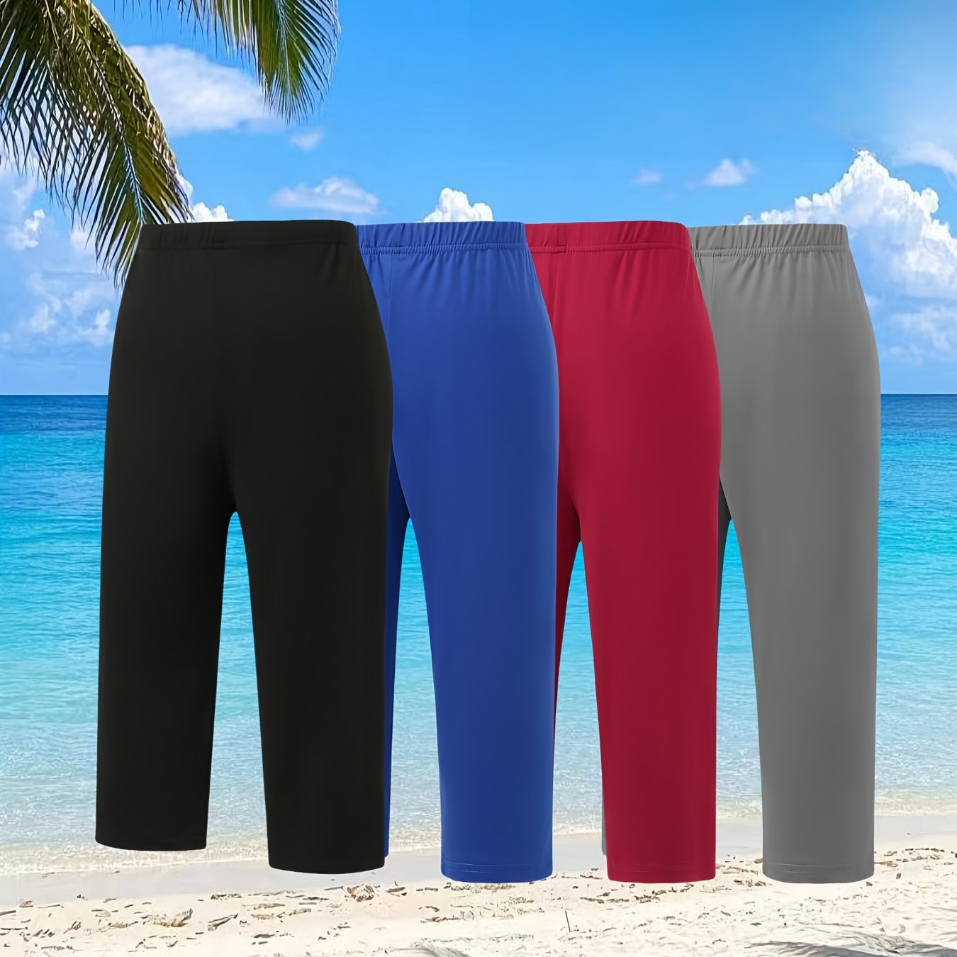 Women Plus Size Capri Leggings High-Waist Stretchy Solid Colors Summer Beach Casual