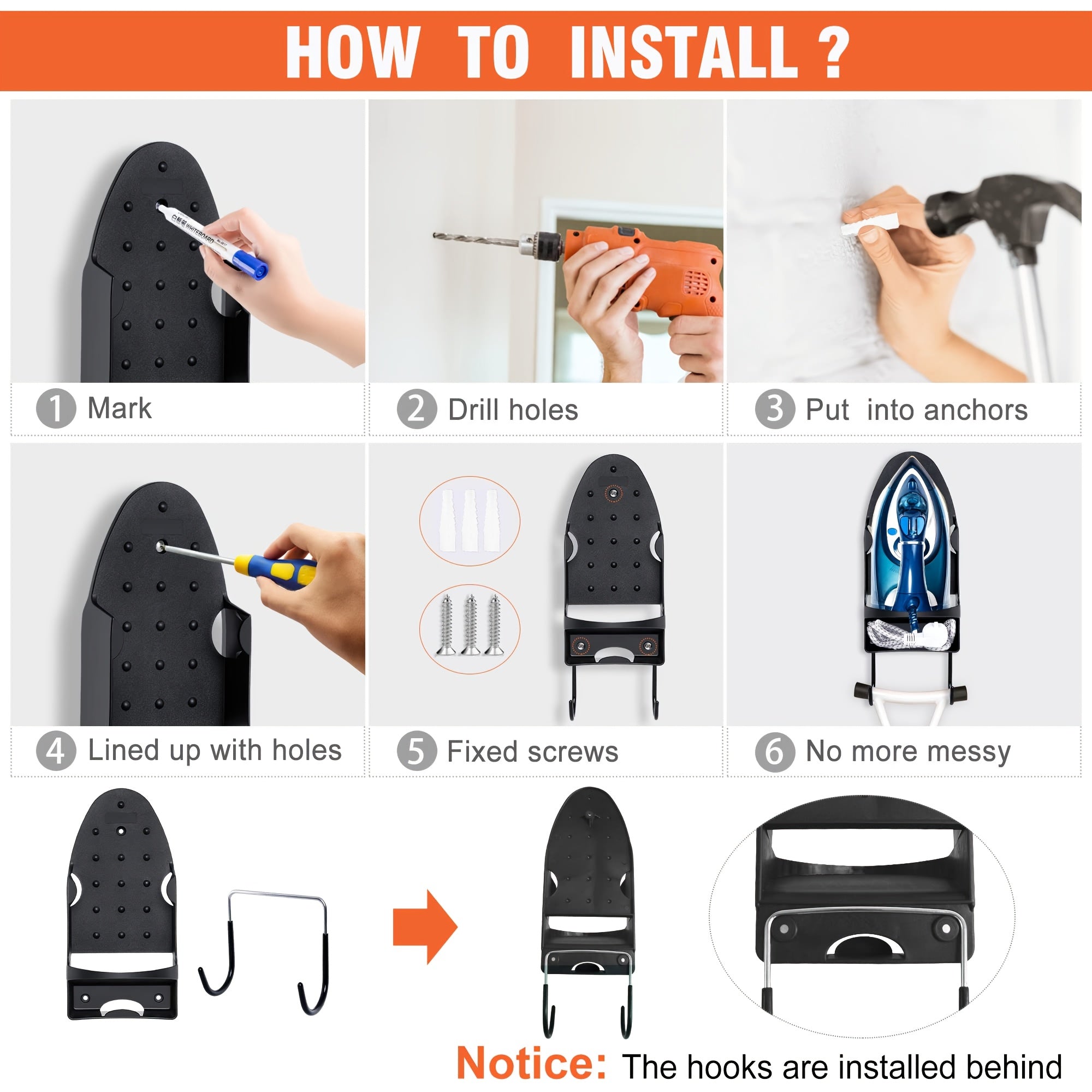 Perchero de pared para tabla de planchar resistente al calor, compatible con hasta 5 pulgadas de ancho