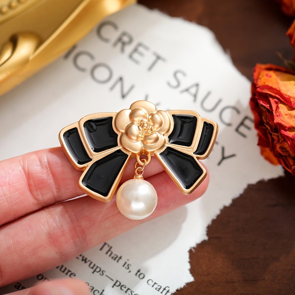 Vintage Style Camellia Brooch with Faux Pearl and Stainless Steel