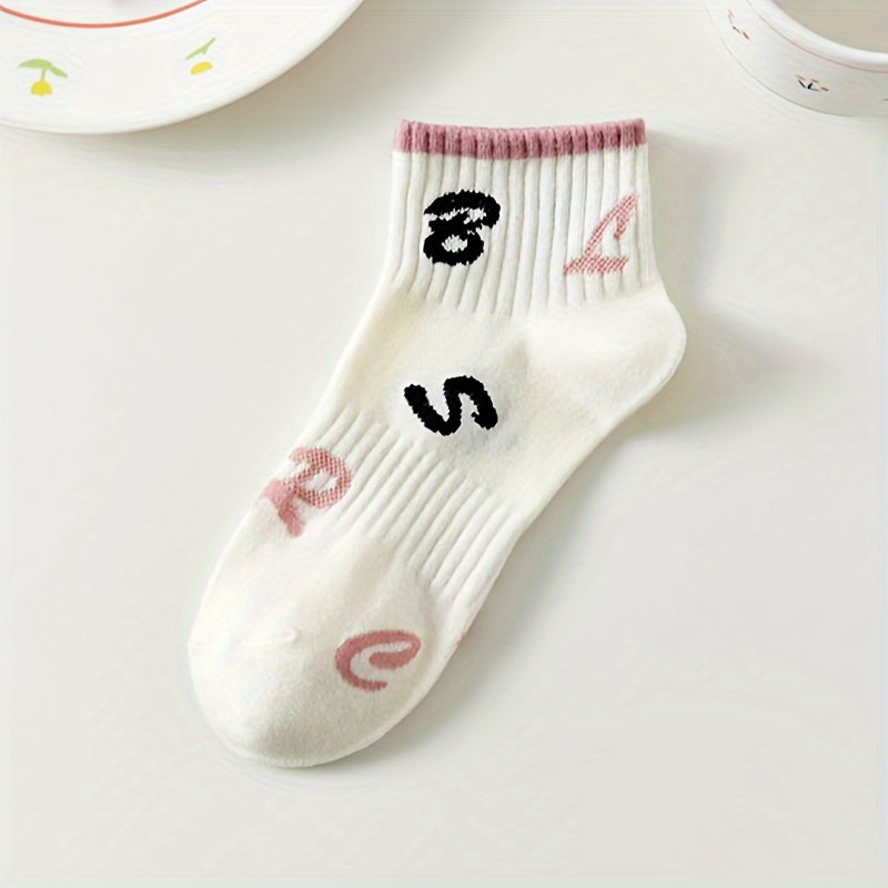 5 Pairs of Japanese Short Socks for Spring and Summer College Fashion with Letter and Striped Patterns