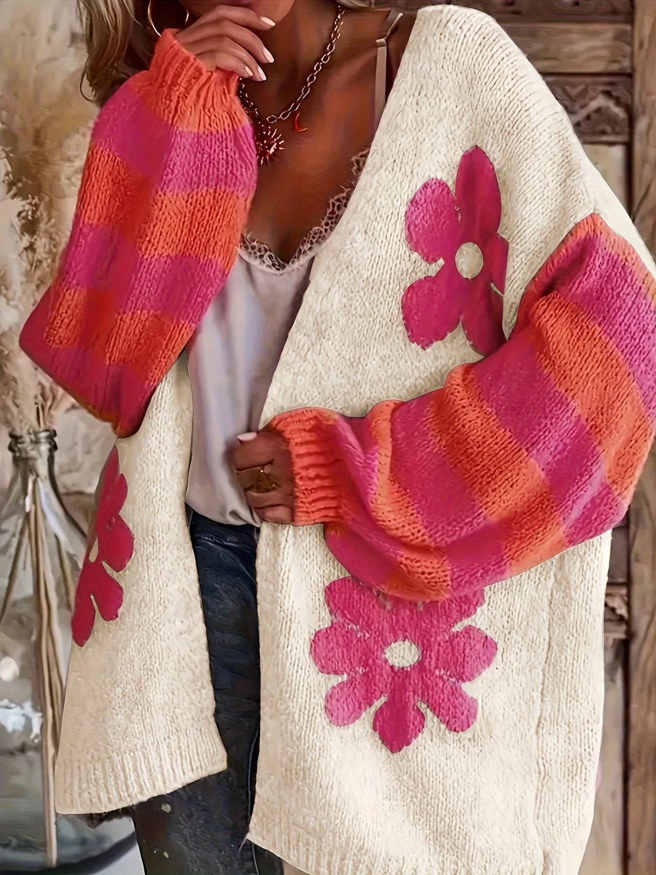 Cárdigan de punto para mujer talla grande, suéter de manga larga con abertura frontal, con estampado floral en rosa pastel y naranja