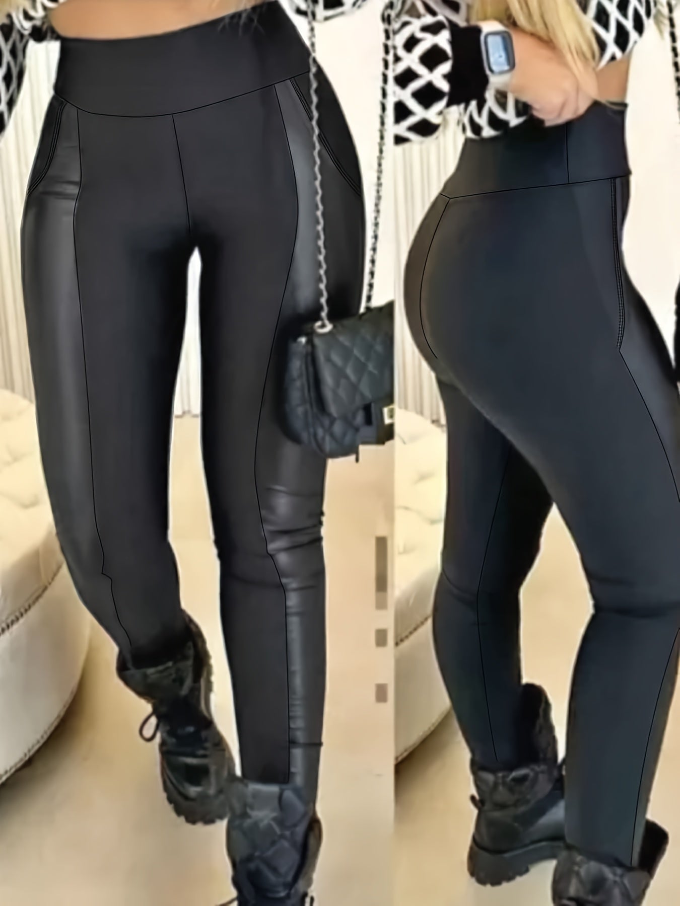 Plus Size Solid Color Patchwork Skinny Pants Women High Waist Stretch Trousers