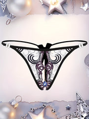 Women's Low-Waist Lingerie T-Pants with Transparent Fabric Embroidery and Rhinestones