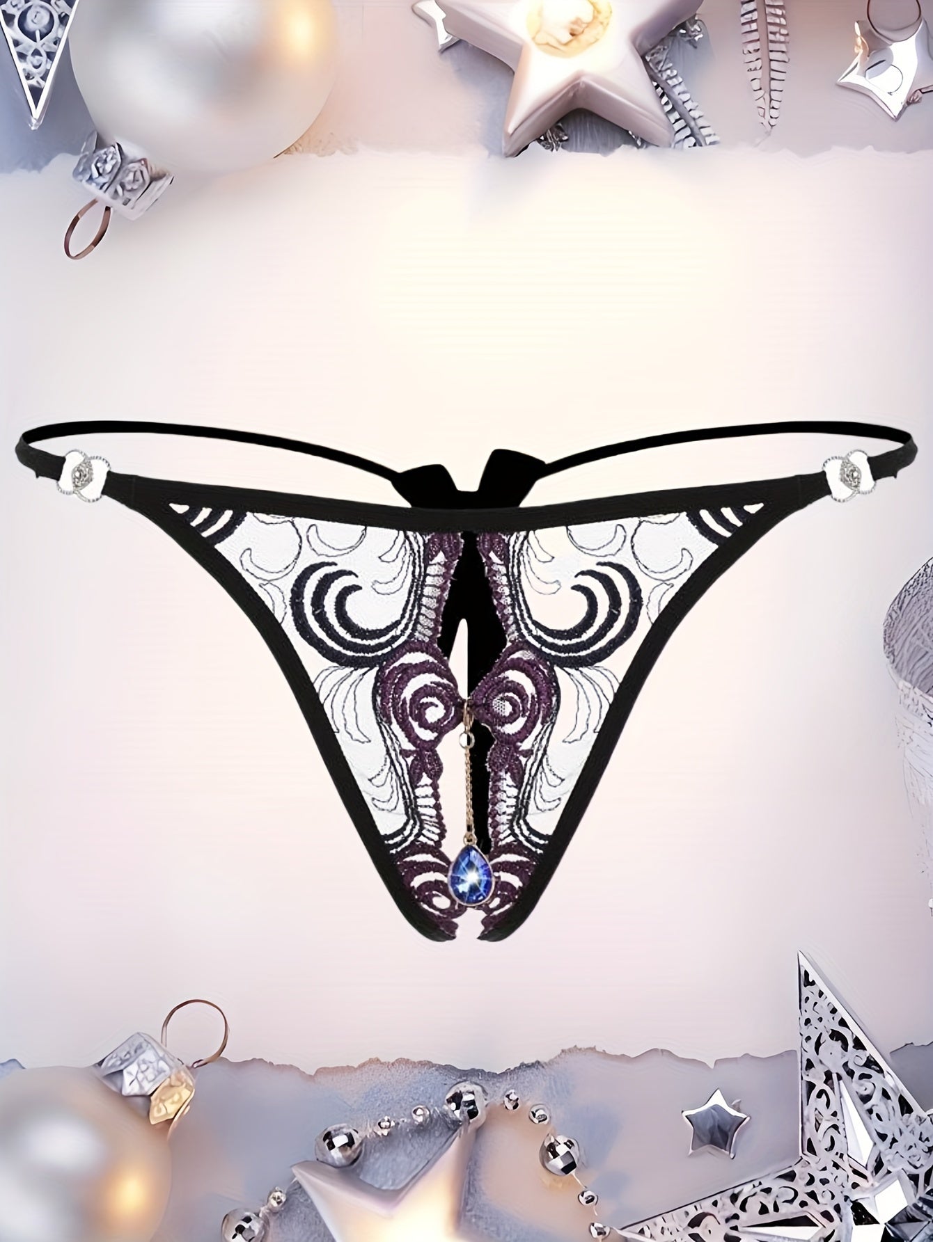 Women's Low-Waist Lingerie T-Pants with Transparent Fabric Embroidery and Rhinestones