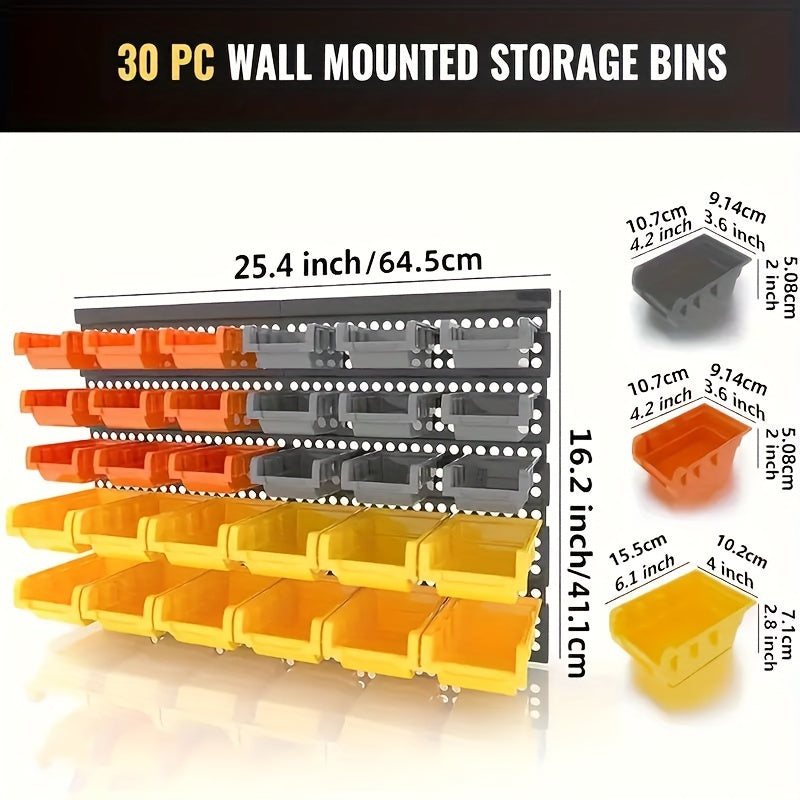 30pcs Wall-Mounted Storage Bin Set for Screws Nuts Bolts Plastic Pegboard Organizer