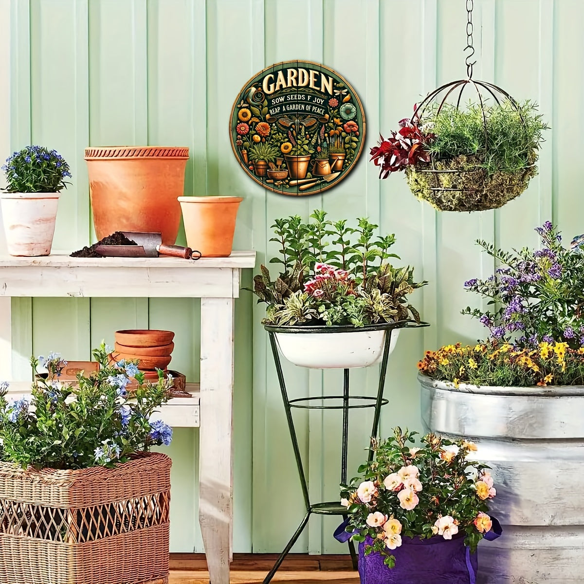 Rustik Yog'och Bog' Belgisi - 20.32 sm Dumaloq, Gullar va Qadimiy Asboblar Dizayni, Ilhomlantiruvchi Iqtibos, Bog'sevarlar va Tashqi Faoliyat Ishqibozlari Uchun Ideal