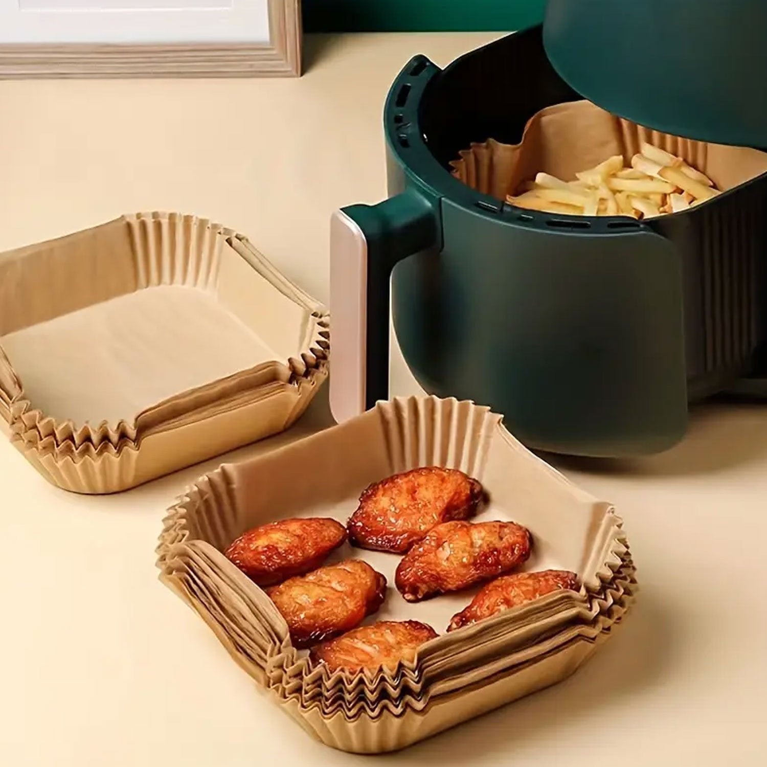 Set of 50 Non-Stick Air Fryer Liners for Rectangular Baskets and Baking Trays