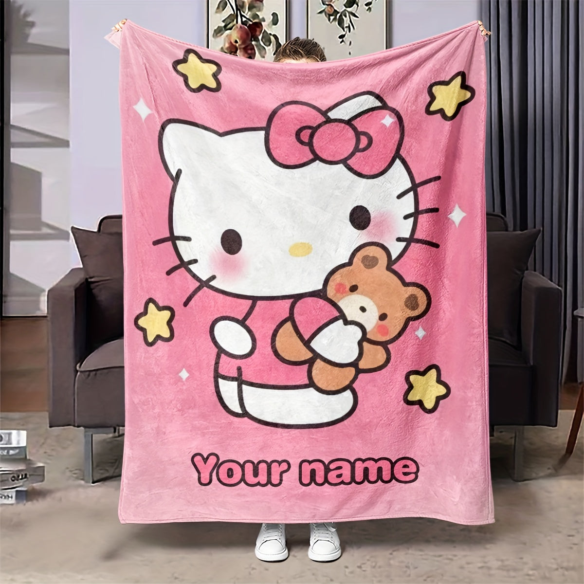 Personalized Hello Kitty Cartoon Flannel Blanket Soft Warm Decorative Gift