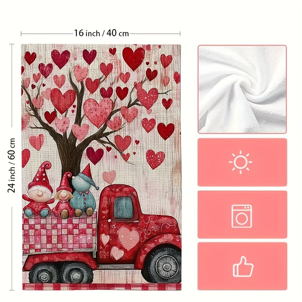 Pair of 2 Ultra-Soft Kitchen Towels Valentine’s Day Truck Gnome Design 40x60 cm
