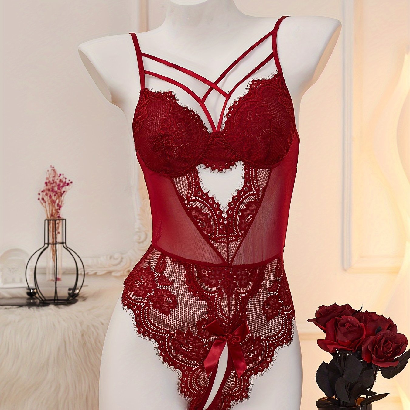 Women's Red Lace Velvet Teddy with Heart Cut-Out and Strappy Back