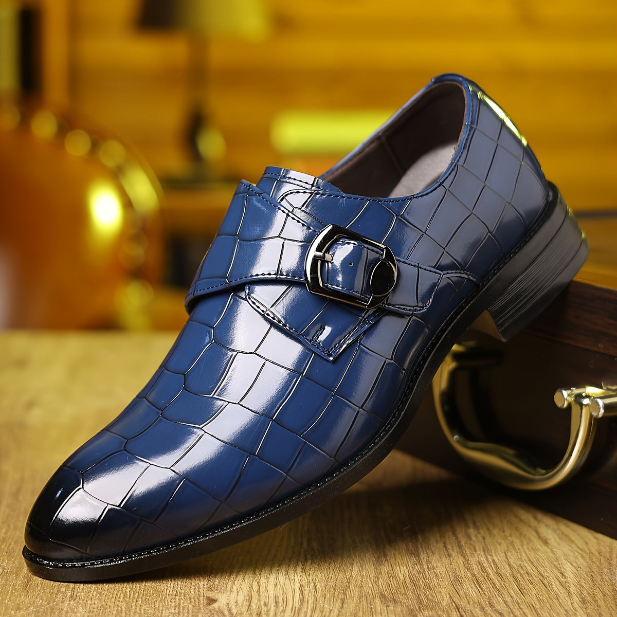 Men's Gray Crocodile Pattern Faux Loafers with Pointed Toe and Buckle, All-Season Casual Shoes