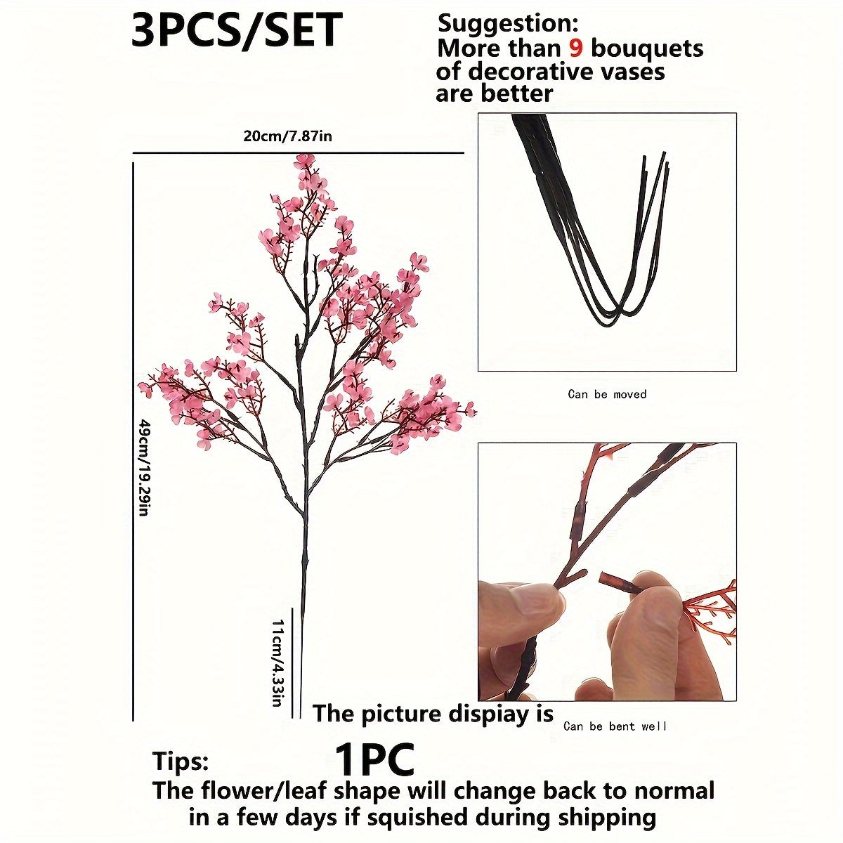 3-Piece Artificial Cherry Blossom Branch Set for Home Decor