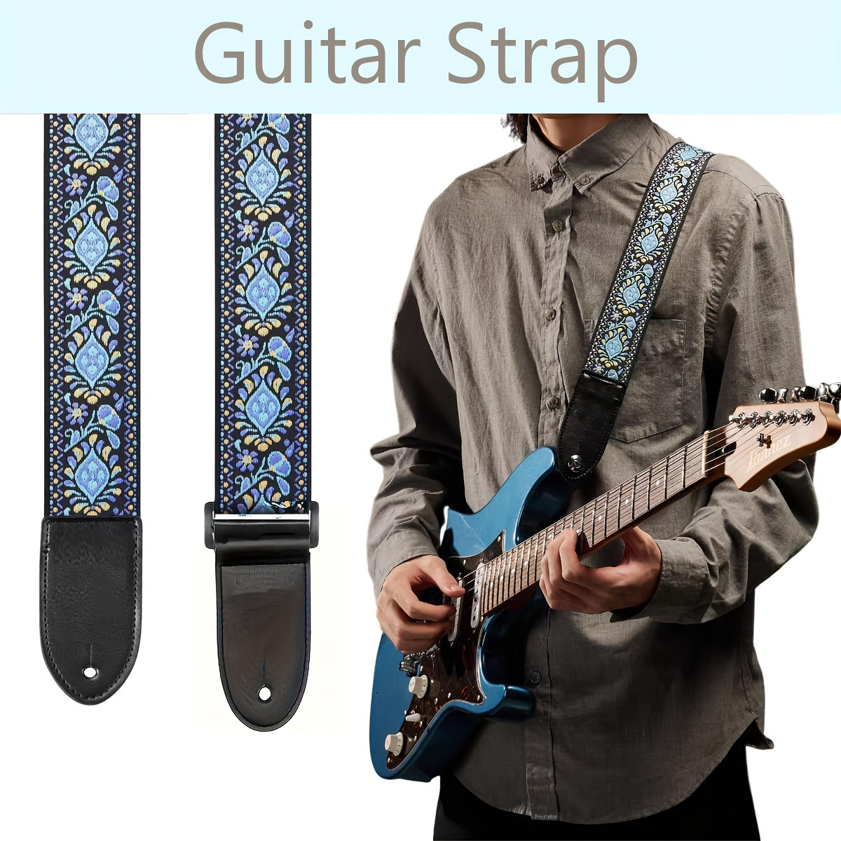Vintage Blue Floral Embroidered Guitar Strap with Faux Leather Ends - Bass, Electric va Acoustic Gitarlari uchun mustahkam tasma