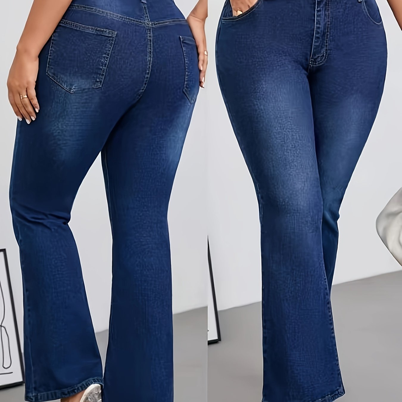 Plus Size Women's Blue Stretch Flare Jeans with Button Fly and Pockets