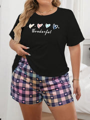 Plus Size Women’s Polyester Pajama Set with Heart Print and Plaid Shorts