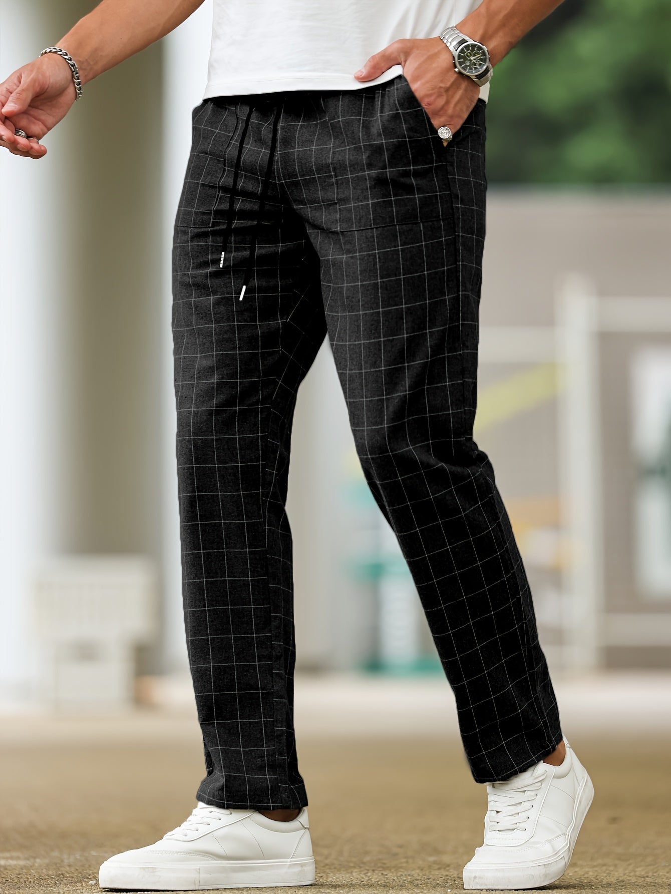 Men's Polyester Pants with Drawstring Waist Casual Striped Plaid Cropped Spring Fall
