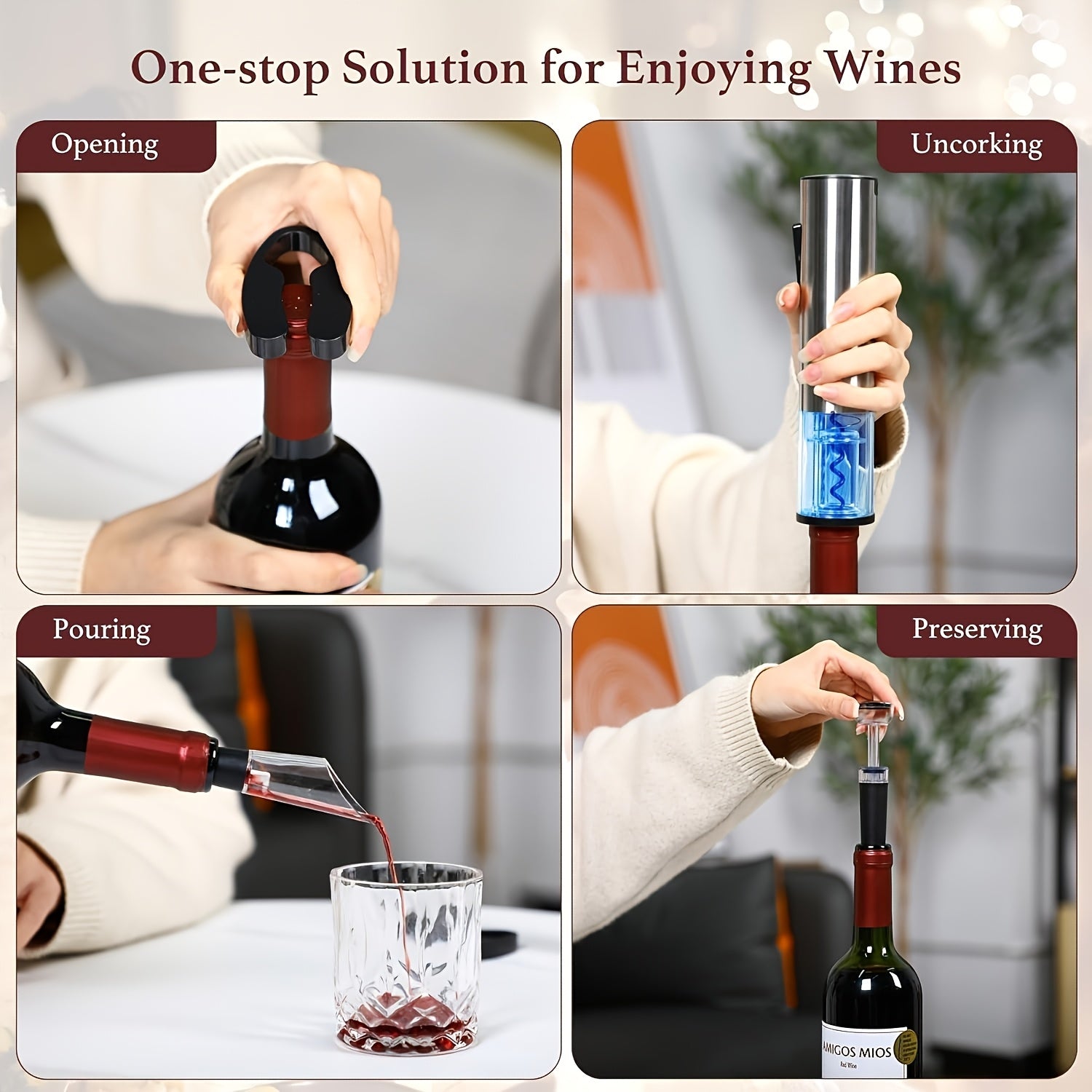 Abrelatas eléctrico 6 en 1 para botellas de vino con accesorios de carga USB para reuniones