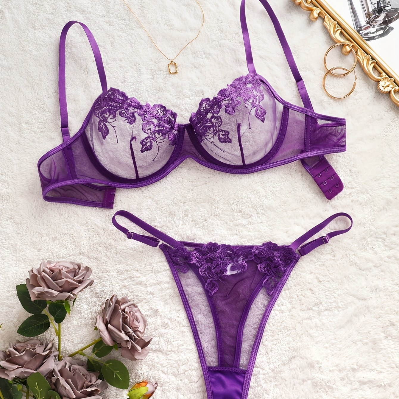 Women's Floral Lace Lingerie Set Mesh Bra and Thong Semi-Sheer Variety of Colors