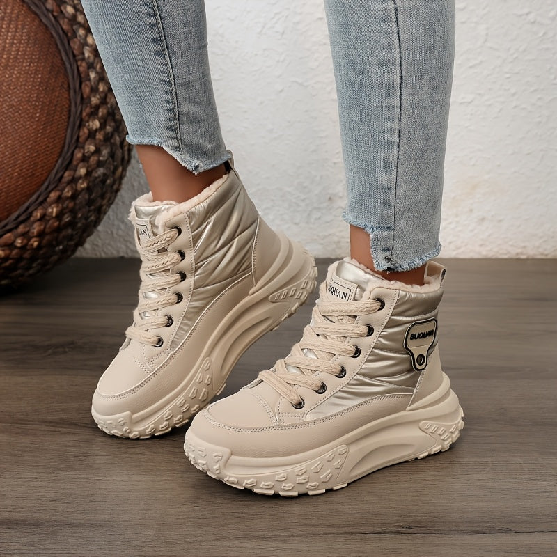 Women's Fleece-Lined Platform Ankle Boots Winter Casual Lace-Up Black Brown Beige