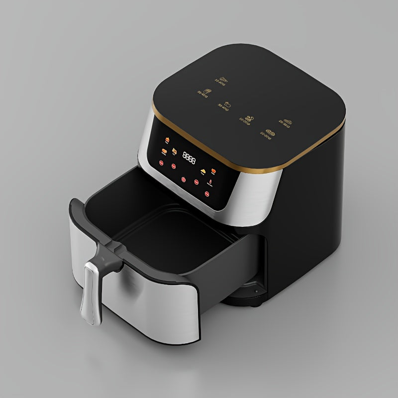 Family size electric air fryer with temperature control, non-stick coating, 10 preset touch options, and multiple cooking functions