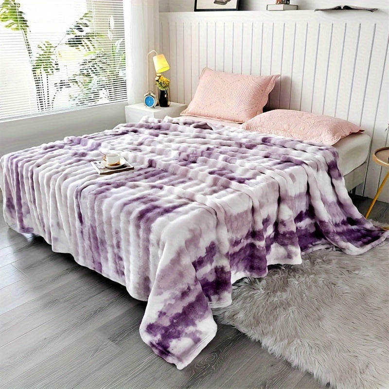 Faux Rabbit Fur Bed Blanket Tie-Dye Plush Flannel Dual Layer Cozy for Sofa Bed