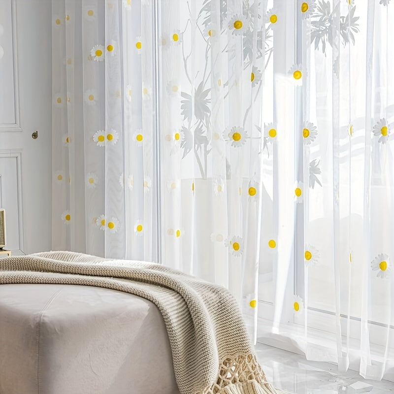 Yellow Daisy Pattern Tulle Curtain Sheer Panel with Embroidered Flowers for Kitchen or Home