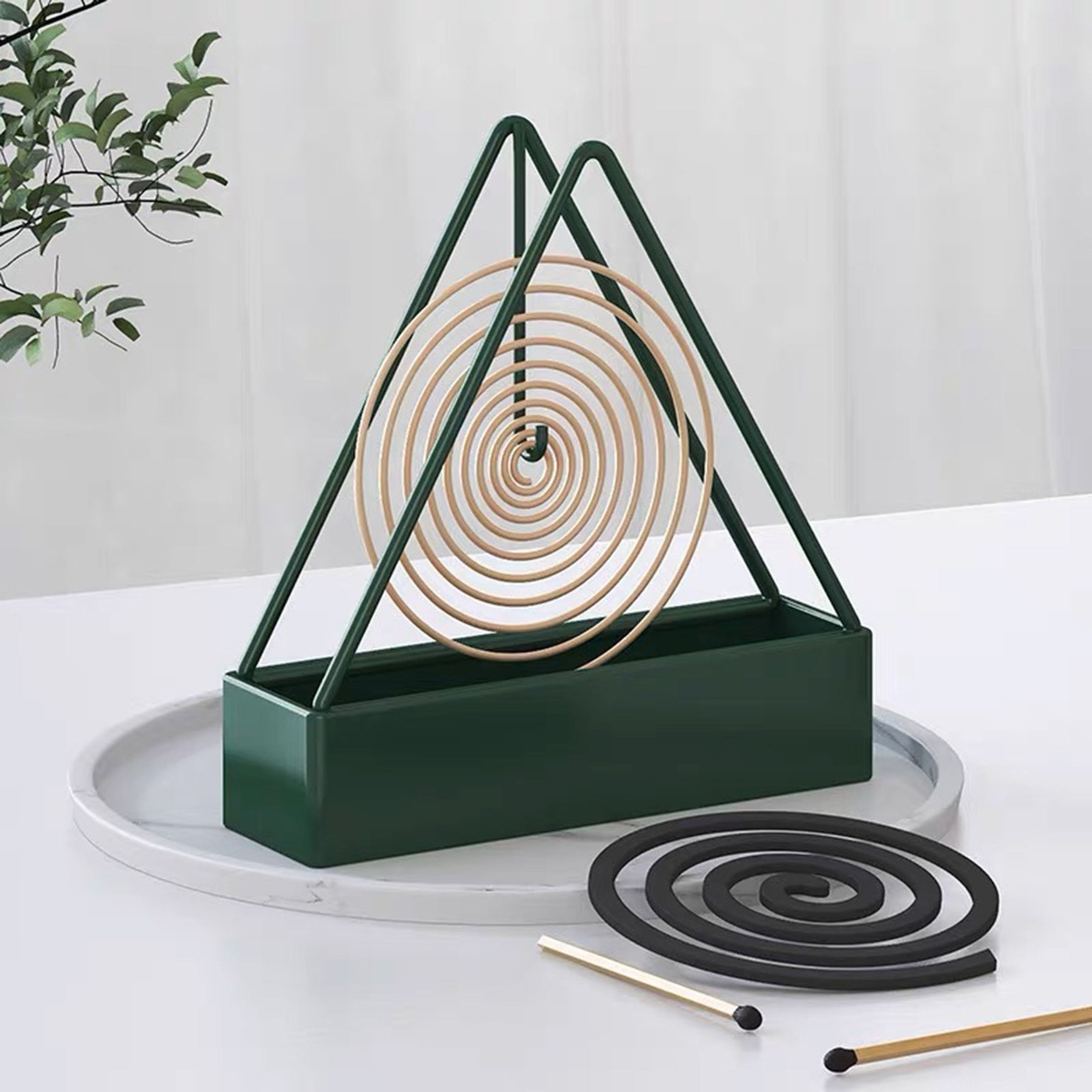 Black and Green Metal Triangle Mosquito Coil Holder with Spiral Design for Indoor and Outdoor Use