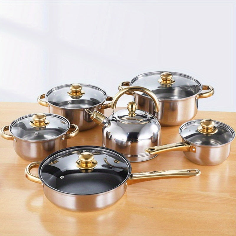 Stainless Steel Cookware Set 4/6 Pieces with Golden Handles Pots and Pans for All Stovetops