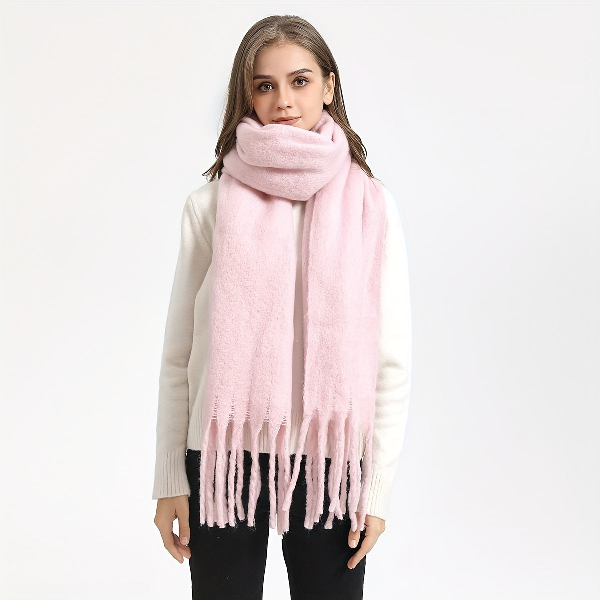 Women's Autumn Winter Solid Color Fringe Scarf Soft Windproof Large Shawl