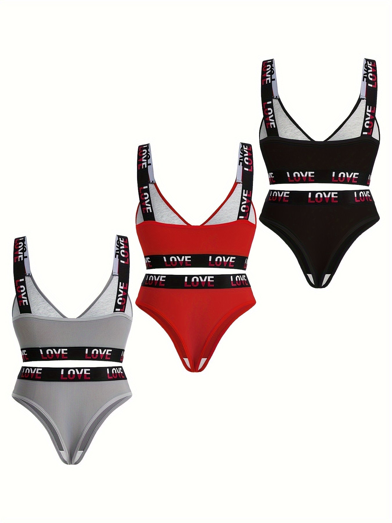 Set of 3 Wireless Ribbed Lace Lingerie Bras and Panties for Women