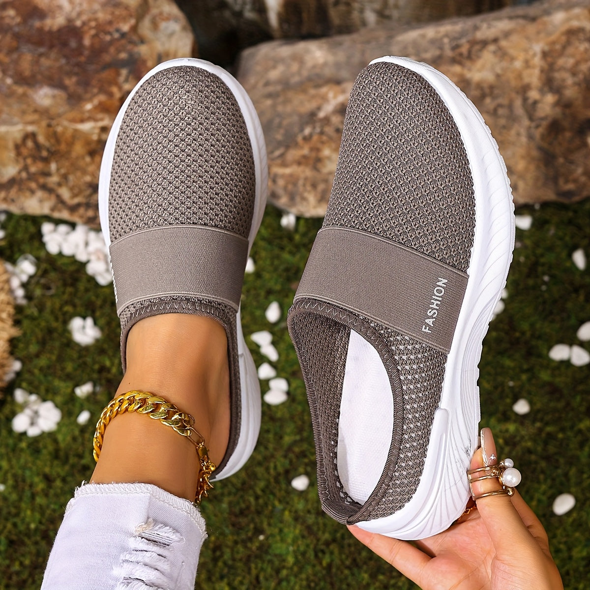 Women's White Slip-On Casual Sneakers Breathable Fabric Lightweight PVC